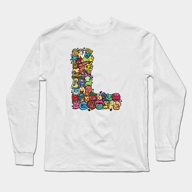 Alphabet Monster Doodle Letter L Monogram Long Sleeve T-Shirt by Irene Koh Studio